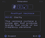 Keepsakes menu showing an Amethyst Necklace and its move, Clarity